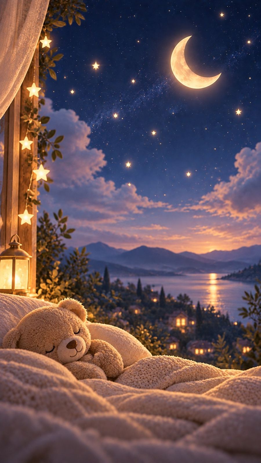 A teddy bear asleep by a window under a crescent moon